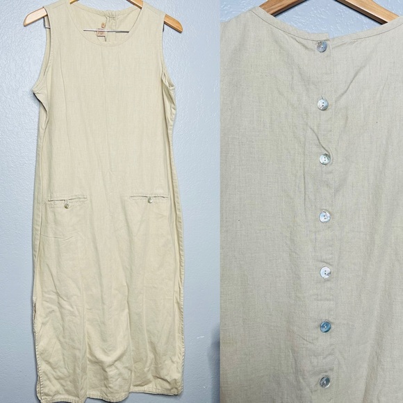 Vintage 90s Beige Lagenlook Apron Jumper Dress Linen Cotton Cottagecore Granny L - Picture 1 of 7